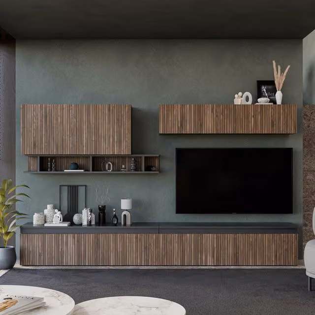 Decorotika Toronto Wall Mounted Entertainment Center in Black and Walnut with Striped Pattern