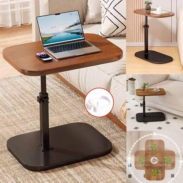 Hinsinc Adjustable C-Shaped Side Table in Brown Wood and Metal for Bedroom or Living Room, W/D/H: 30 x 30 x 45 cm
