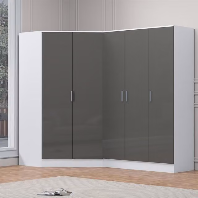 Reflect 2 Piece Wardrobe Bundle with Corner and 3 Door Wardrobe in Grey Gloss and Matt White, H 180 cm x W 215 cm x D 103 cm