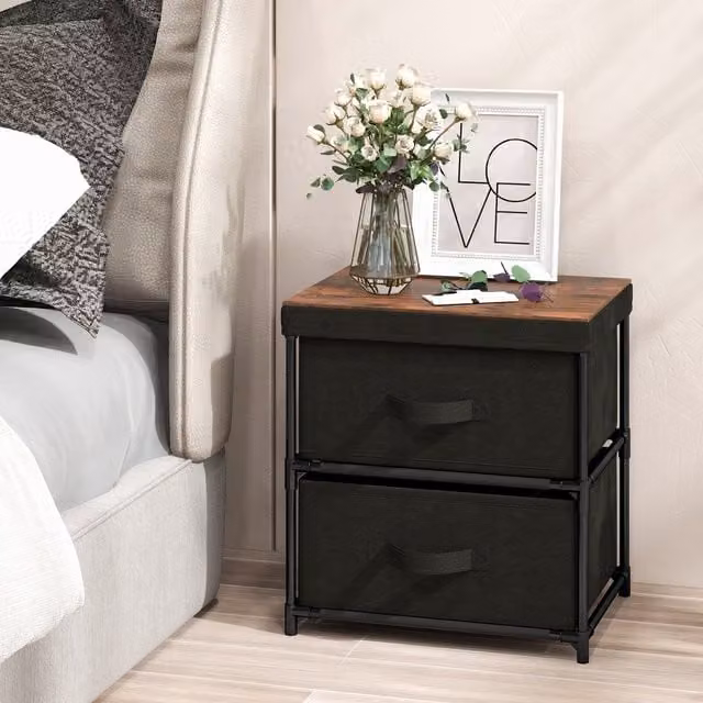COSTWAY Minimalist Black 2 Drawer Bedside Nightstand