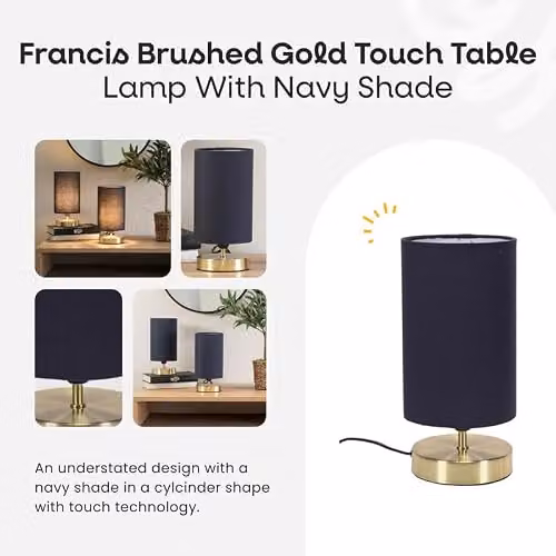 ValueLights Francis Dimmable Touch Table Lamp with Blue Fabric Cylinder Shade in Gold/Brass, H 40.5 x W 12 x D 12 cm – 2