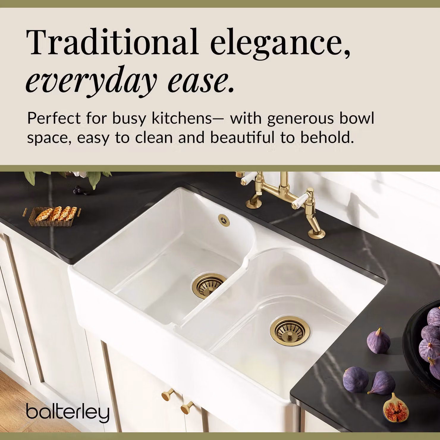 Balterley White Ceramic 2 Bowl Stepped Weir Butler Sink with Wastes and Tap, W: 79.5 cm – 2