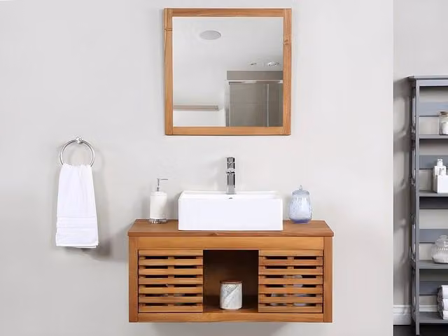 Vente-unique Acacia Wood Wall-Mounted Bathroom Vanity Unit with Single Basin in Walnut, W/D/H: 90 x 50 x 40 cm