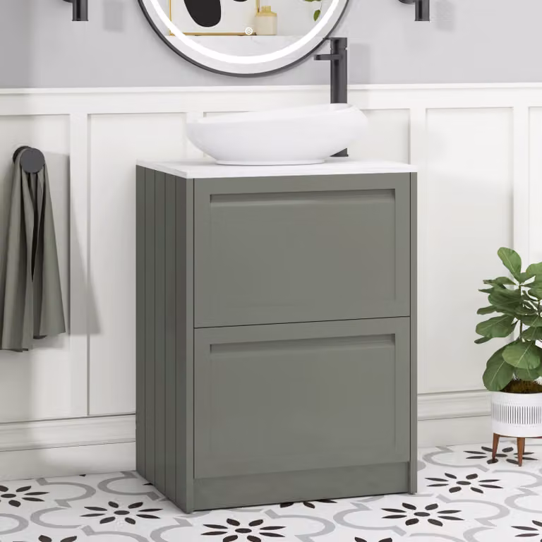 Royal Bathrooms Elmore 600mm Matt Green Floor Standing Countertop Vanity Unit with 2 Drawers and Nova Basin