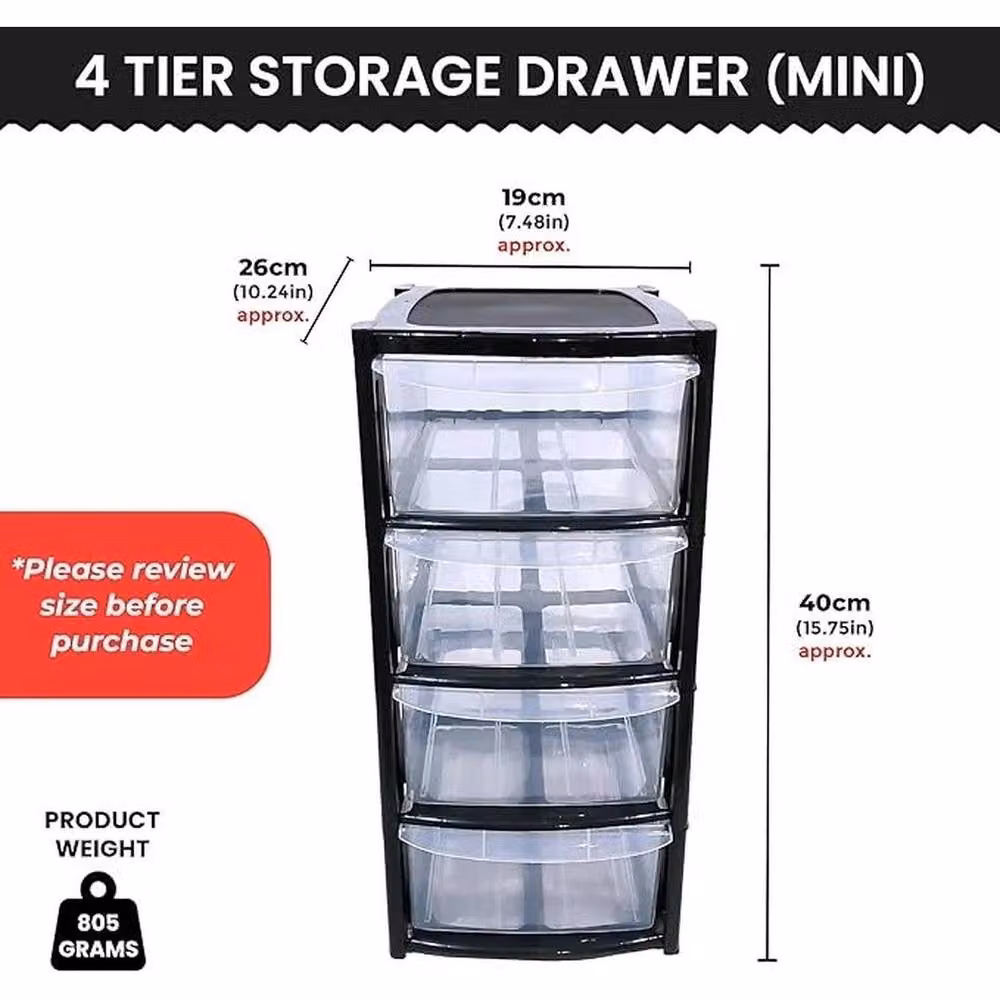 SPETLEK 4 Tier Mini Plastic Storage Drawer Tower Unit in Black – 4