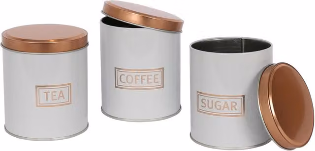 Harbour Housewares 3-Piece Round Metal Airtight Tea, Coffee and Sugar Canister Set in White and Copper