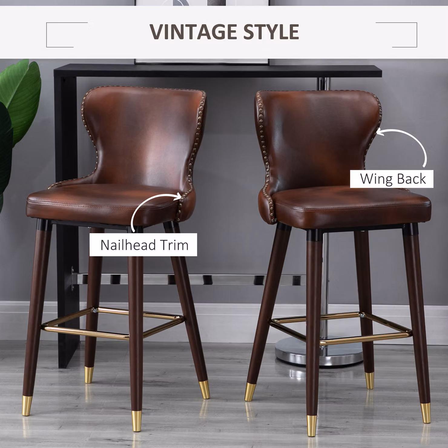 HOMCOM Set of 2 Vintage PU Leather Counter-Height Bar Stools in Brown – 4