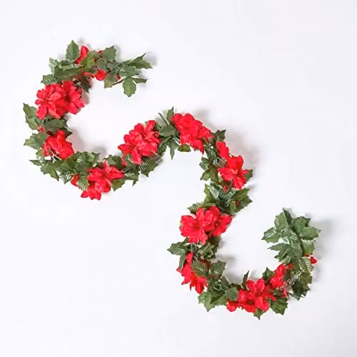 Homescapes Artificial Red and Green Christmas Floral Garland with Poinsettia Flowers and Leaves, 175 cm