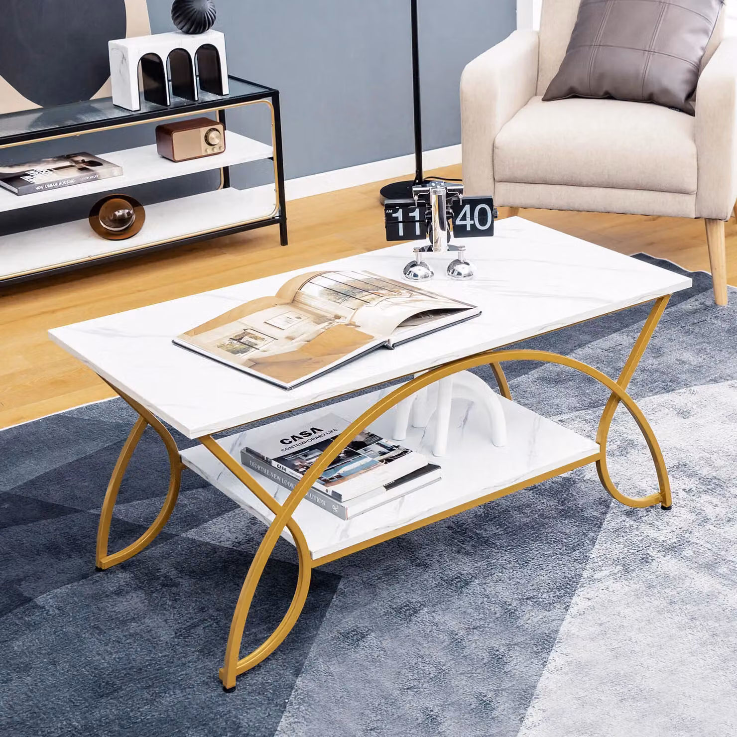 Costway Modern 2-Tier Rectangular Faux Marble Coffee Table in White and Gold – 3