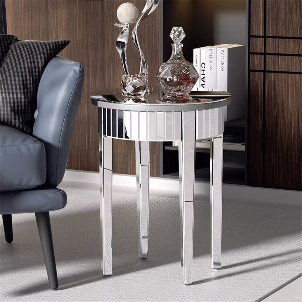 NESTLUNE Modern Silver Mirrored Round Glass End Side Table – 2
