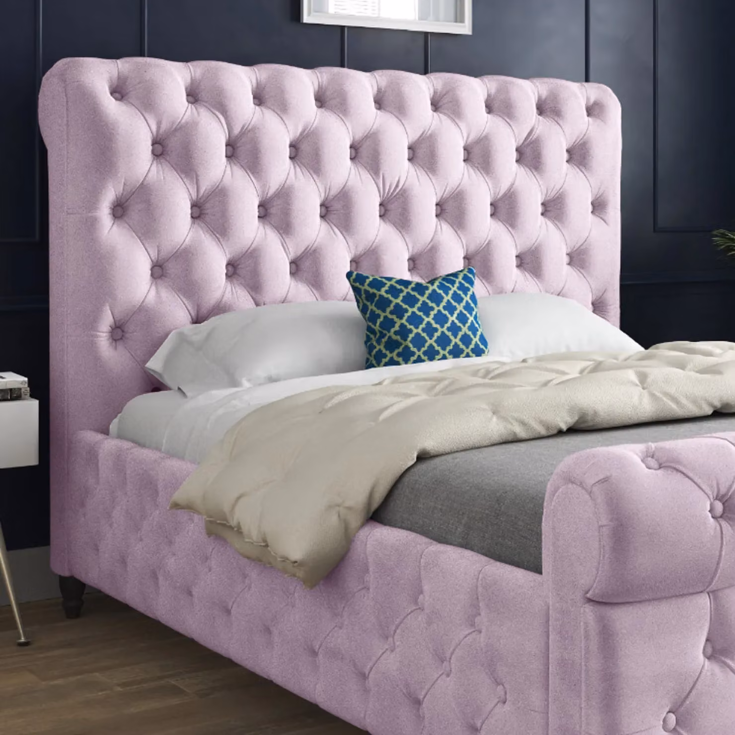 Casani Savana Sleigh Upholstered Soft Velvet Bed Frame in Pink, Size: Double (140 x 200 cm) – 2