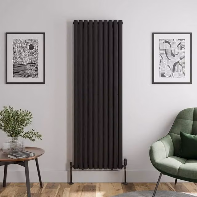 Temprazo Oval Tube Double Panel Vertical Designer Radiator in Black, H 180 cm x W 60 cm x D 60 cm