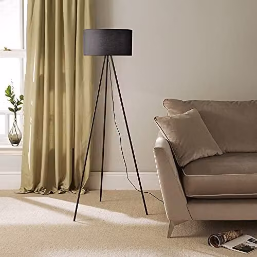 K LIVING Modern Black Metal Tripod Floor Lamp with Black Fabric Cylinder Shade