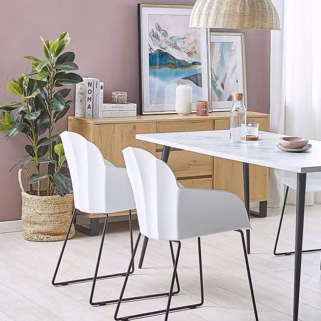 Wyld and Coco Set of 2 Modern Dining Chairs with White Synthetic Leather Seats and Black Metal Cantilever Legs