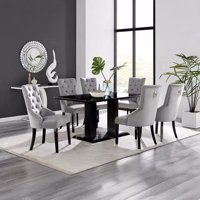 FurnitureboxUK Imperia 6 Black Rectangular Glass Dining Table with 6 Belgravia Black Leg Chairs in Grey