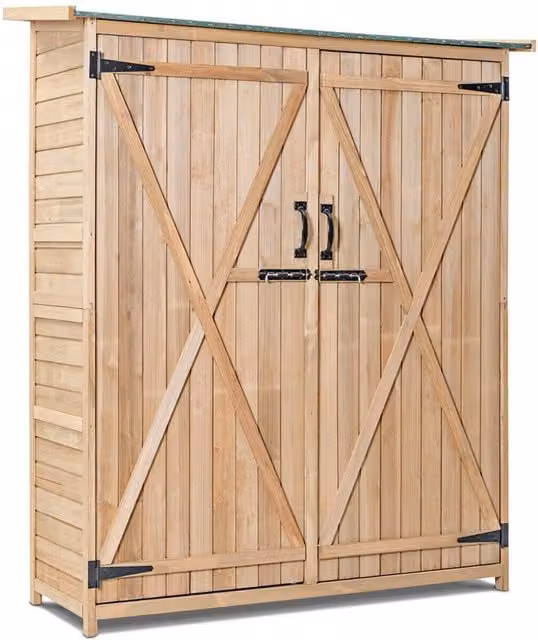 COSTWAY Rustic Wood Outdoor Storage Shed with Double Doors, Shelving and Lock in Brown and Beige