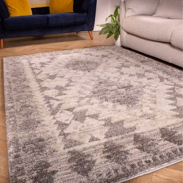 The Rug House Grey and White Geometric Scandi Shaggy Area Rug, W: 110 cm, D: 60 cm