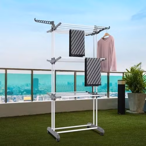 AMOS 4-Tier Foldable Clothes Drying Rack with Wheels and Shoe Rack, Grey – 4