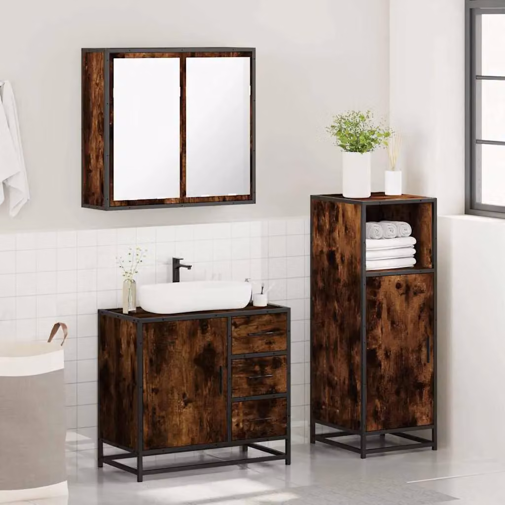 Berkfield Home 3 Piece Industrial Bathroom Furniture Set in Smoked Oak and Brown – 4