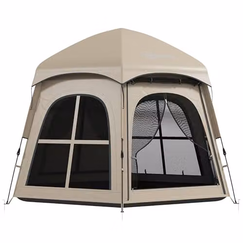 Outsunny Pop Up Tent with 2 Doors and Carry Bag, 3000mm Waterproof, Khaki/Beige – 1
