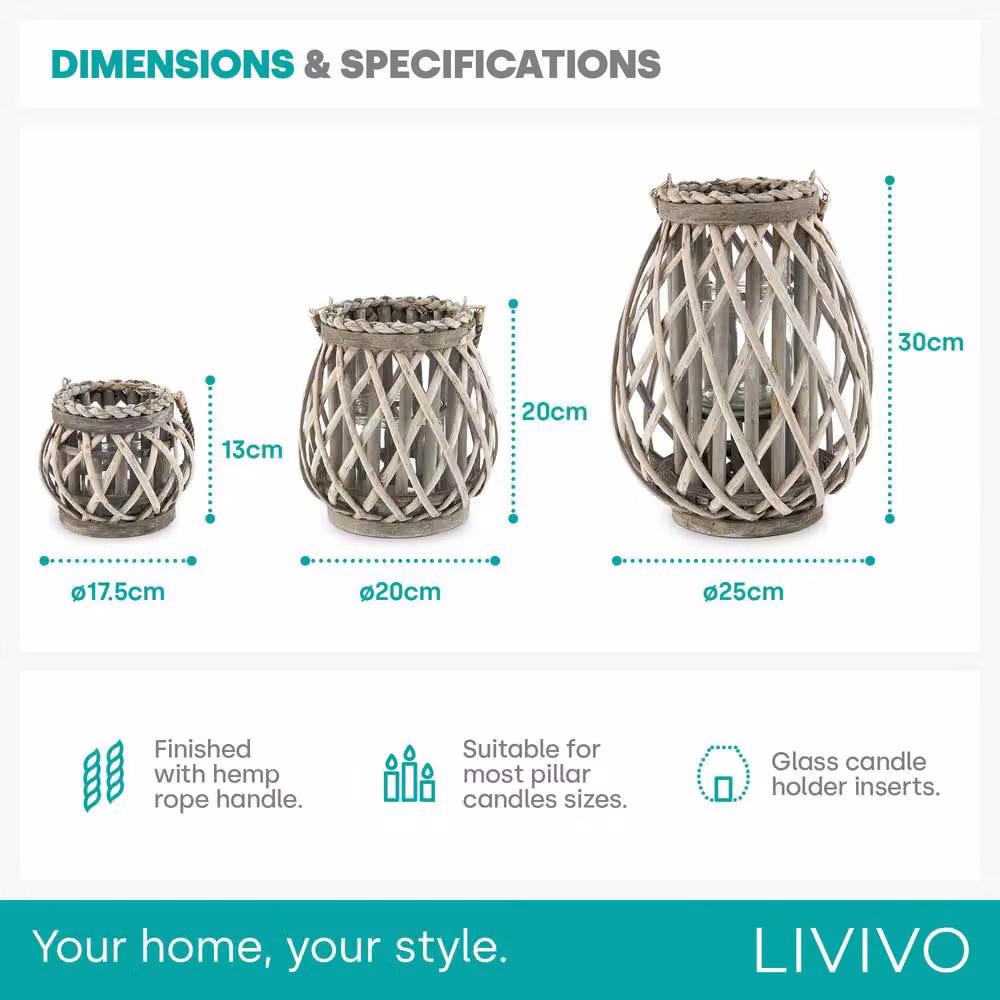 LIVIVO Set of 3 Grey Wicker Candle Lanterns with Hemp Rope and Willow Twigs for Pillar or Tealight Candles – 5