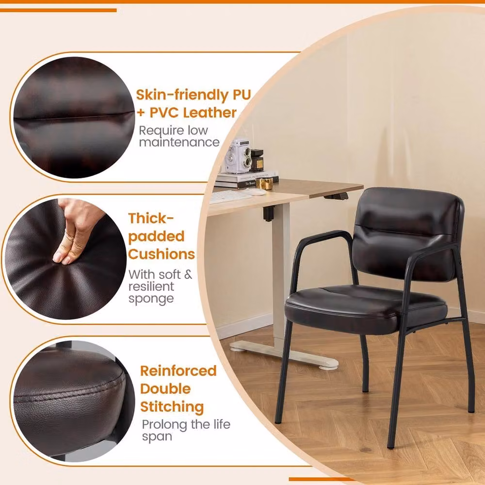 EONLION Set of 2 Modern Waiting Room Chairs with Armrests in Brown Synthetic Leather and Metal – 4