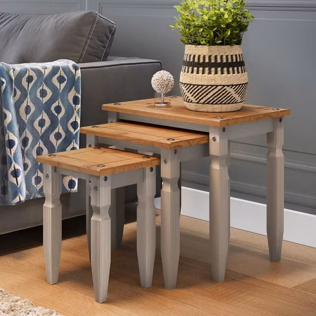 Mercers Furniture Corona Nest of 3 Tables in Distressed Grey Waxed Pine Wood