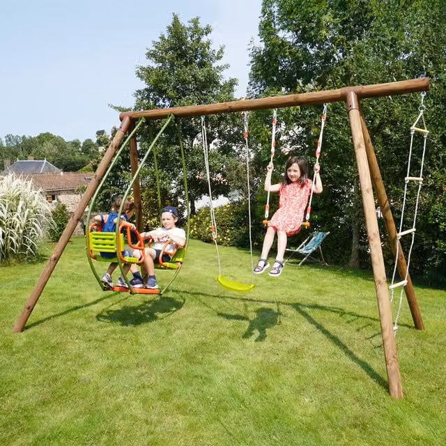 Soulet Juliet Triple Wooden Swing Set with Rope Ladder in Brown