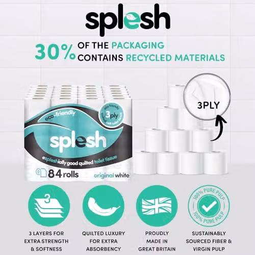 Cusheen Splesh Toilet Roll 84 Rolls, White, 3 Ply Quilted Soft Bathroom Tissue Bulk Family Pack – 2