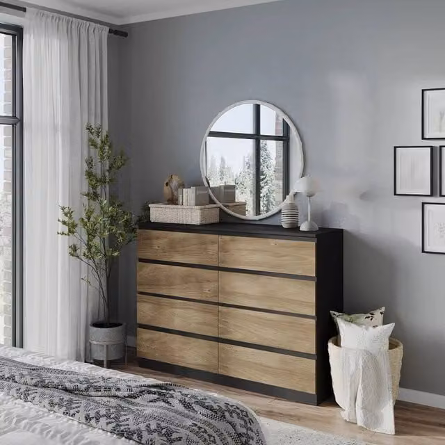 FORGEVIO Modern 8 Drawer Chest in Black and Light Oak – 1