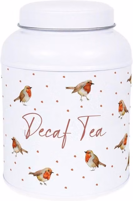 Purely Home English Robins Decaf Canister White Metal Kitchen Storage Tin with Small Dome Lid