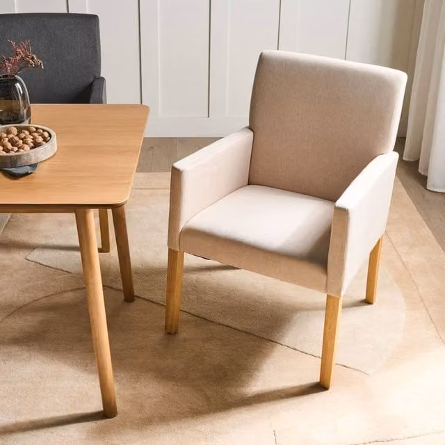 Wyld and Coco Beige Fabric Upholstered Dining Chair with Armrests and Solid Wood Legs – 1