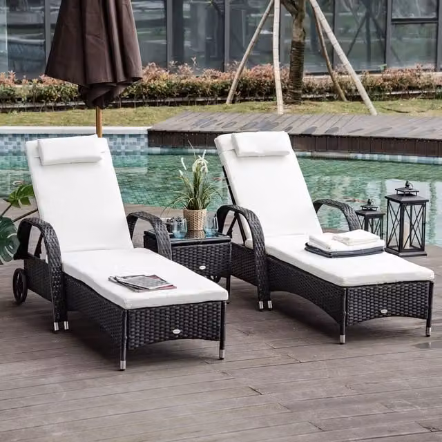 Outsunny 3 Piece Black Polyrattan Sun Lounger Set with Weatherproof Cushions and Side Table