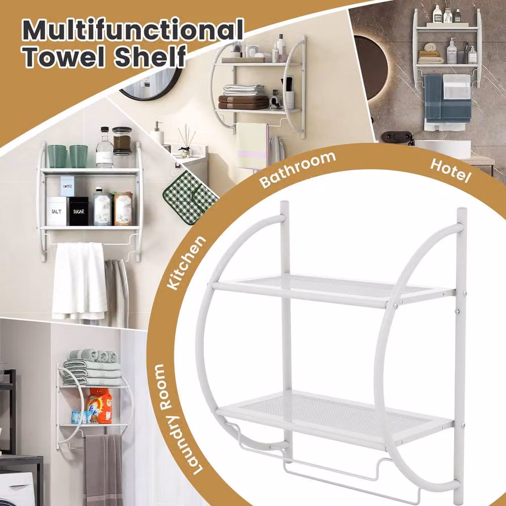 Gymax 2-Tier Wall Mounted Metal Bathroom Shelf and Towel Rack in White – 2
