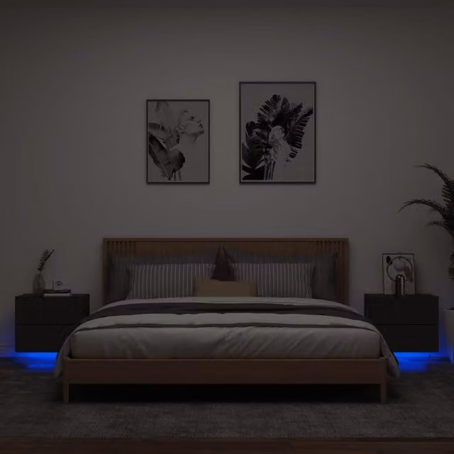 Berkfield Home Set of 2 Modern Wall-mounted Bedside Cabinets with Integrated LED Lights in Matt Black – 1