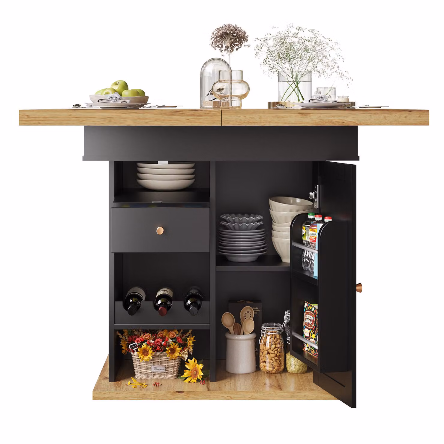 Aosom UK Telescopic Dining Table with Snack Shelf and Wine Rack for 4-6 People, Black and Natural, W: 80 cm, D: 110 cm, H: 75 cm – 2