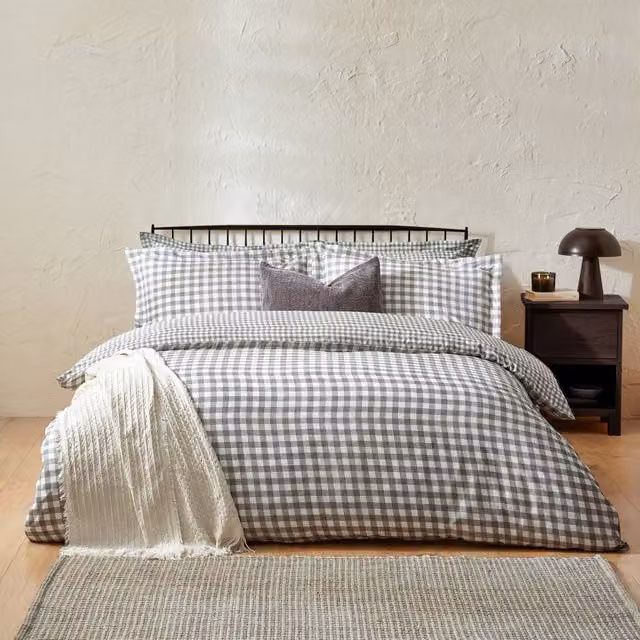 Barton Grey Gingham Check Cotton Duvet Cover and Pillowcase Set, Reversible, W: 90 cm, L: 200 cm