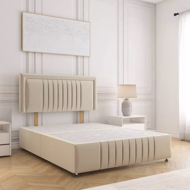 BSSPOKE Lily Single Plush Velvet Divan Bed Frame with 24 inch Headboard in Beige