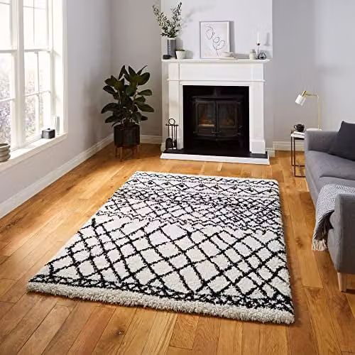 Think Rugs Scandi Berber G274 High Density Pile Shaggy Rug in White/Black, W: 160 cm, L: 220 cm