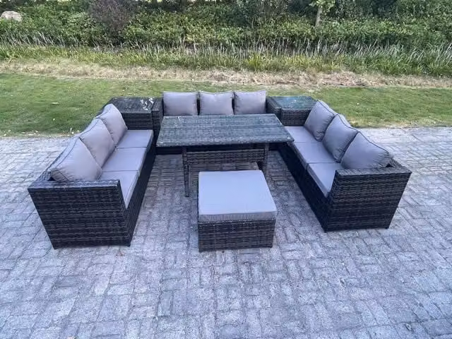 Fimous 10 Seater Outdoor Rattan Garden Furniture Set with Dining Table and 2 Side Tables in Dark Grey