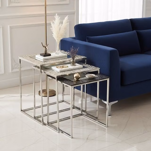Orsina Luxe Set of 3 Rectangular Nesting Tables with Glass Tops and Silver Finish – 1