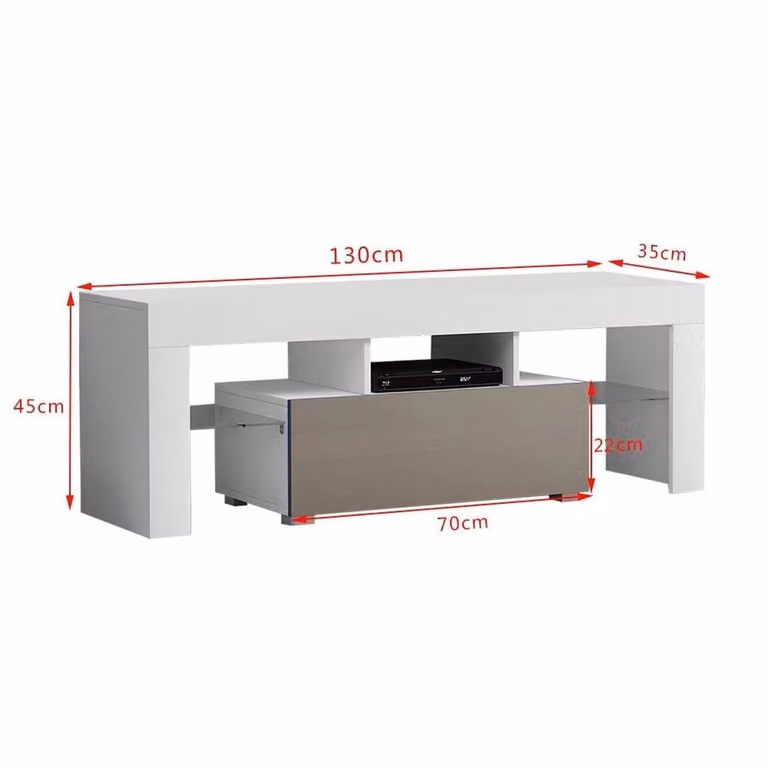 KORVIXA Modern High Gloss TV Unit Stand Cabinet in White and Grey with Integrated Lighting and Media Compartments, W/D/H: 130 x 100 x 100 cm