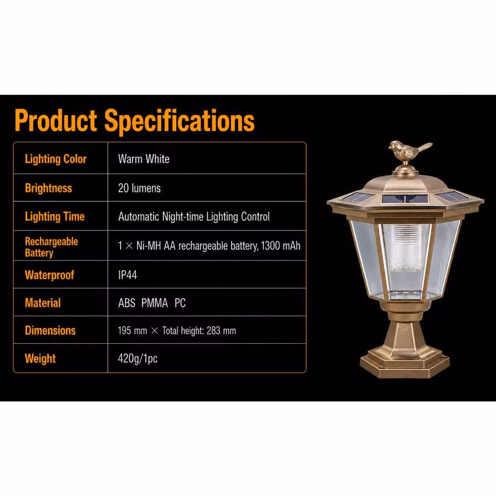 GWSOLAR Solar Bird Pattern Pillar Lamp in Gold with Warm White Light, IP44 Waterproof Garden Post Lantern with Dusk to Dawn Sensor – 4