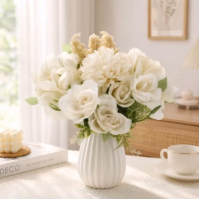 Garden Sanctuary White Mixed Artificial Floral Bouquet for Wedding and Home Decoration