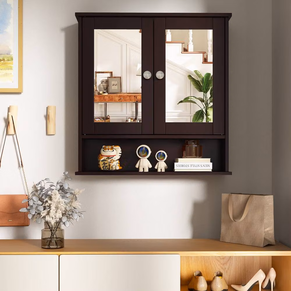 Costway Wall Mounted Brown Wooden Bathroom Medicine Cabinet with Mirror and Two Hinged Doors – 3