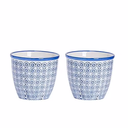 Nicola Spring Floral Ceramic Tabletop Plant Pots, Blue and Orange, Pack of 2, W/D/H: 14 x 14 x 12.5 cm