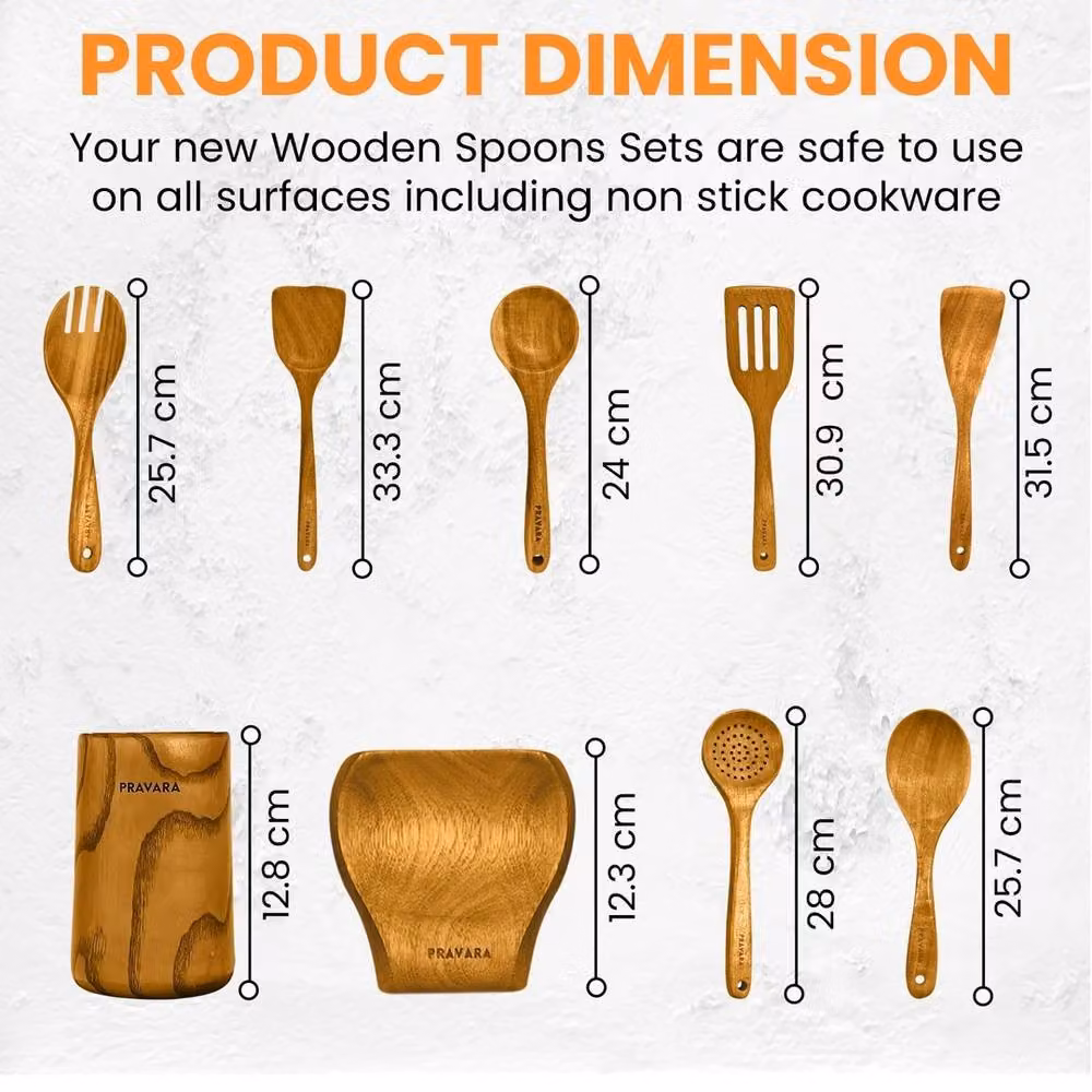 VOGREX 9 Piece Brown Wooden Kitchen Utensil Set with Ergonomic Grip and Spoon Rest – 2