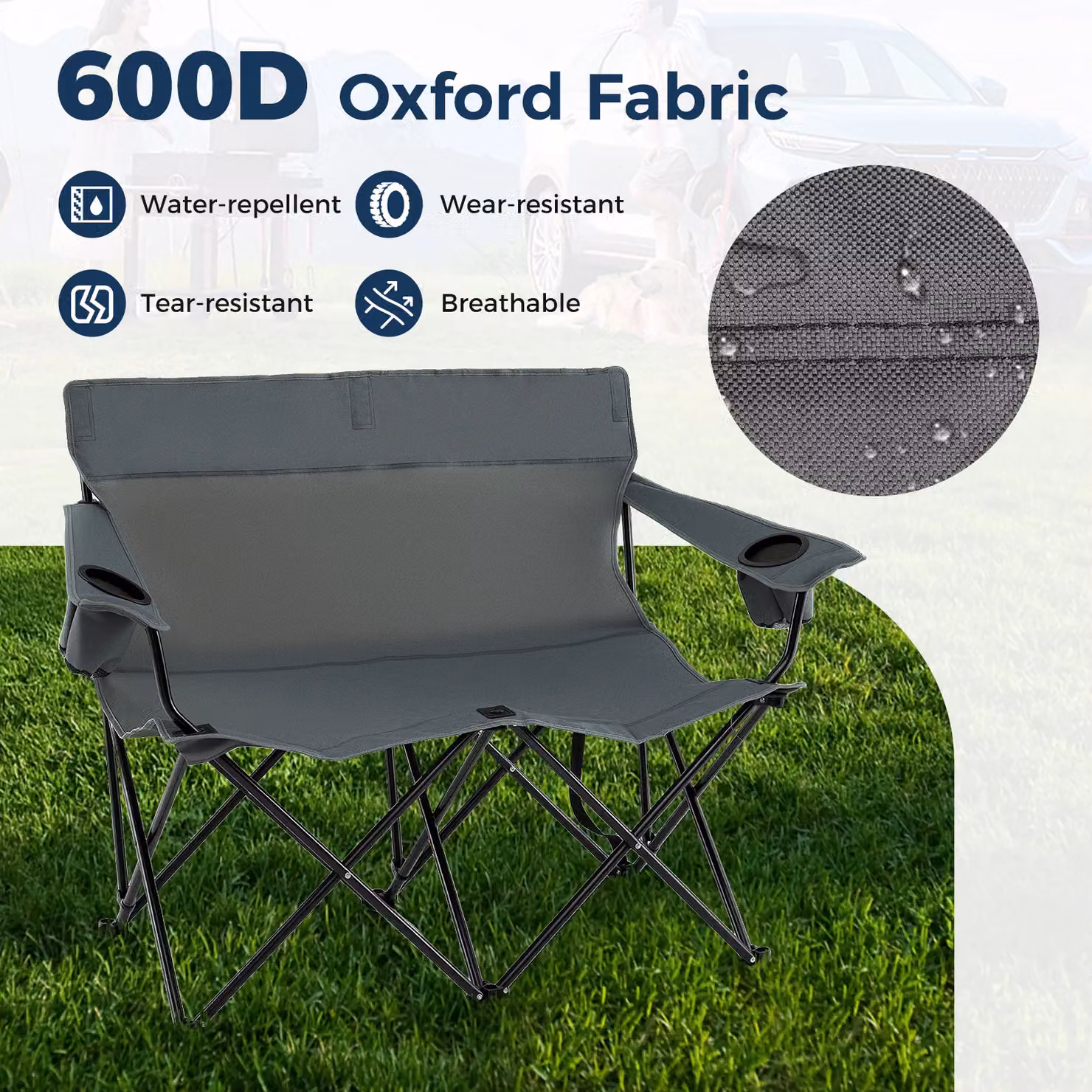 Gymax Oversized Double Camping Chair for 2 Adults in Grey with Metal Frame and Cup Holders – 3
