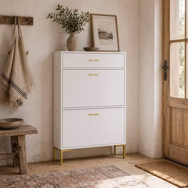Wyld Haus Suto Slim White Shoe Cabinet with Tilting Compartments and Gold Details, H: 110 cm, W: 76 cm, D: 26 cm – 1