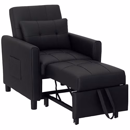 HOMCOM Compact Single Convertible Sleeper Chair Bed in Black with Adjustable Backrest and Side Pockets